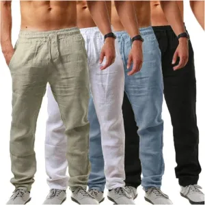 Men's Cotton Linen Pants Breathable Loose Trousers Mens Classic-Fit Casual Trousers Elastic Waist Beach Yoga Pants