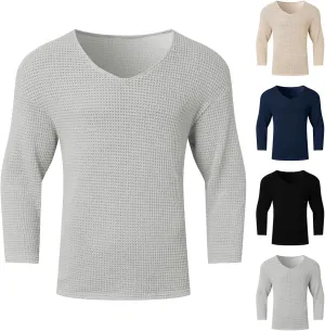 Men's Cotton V Neck Knitted Sweater Jumper Hollow Out Solid Color Long Sleeve Pullover Tops 2025