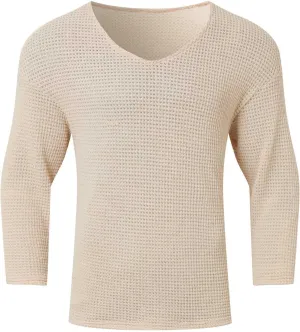 Men's Cotton V Neck Knitted Sweater Jumper Hollow Out Solid Color Long Sleeve Pullover Tops 2025