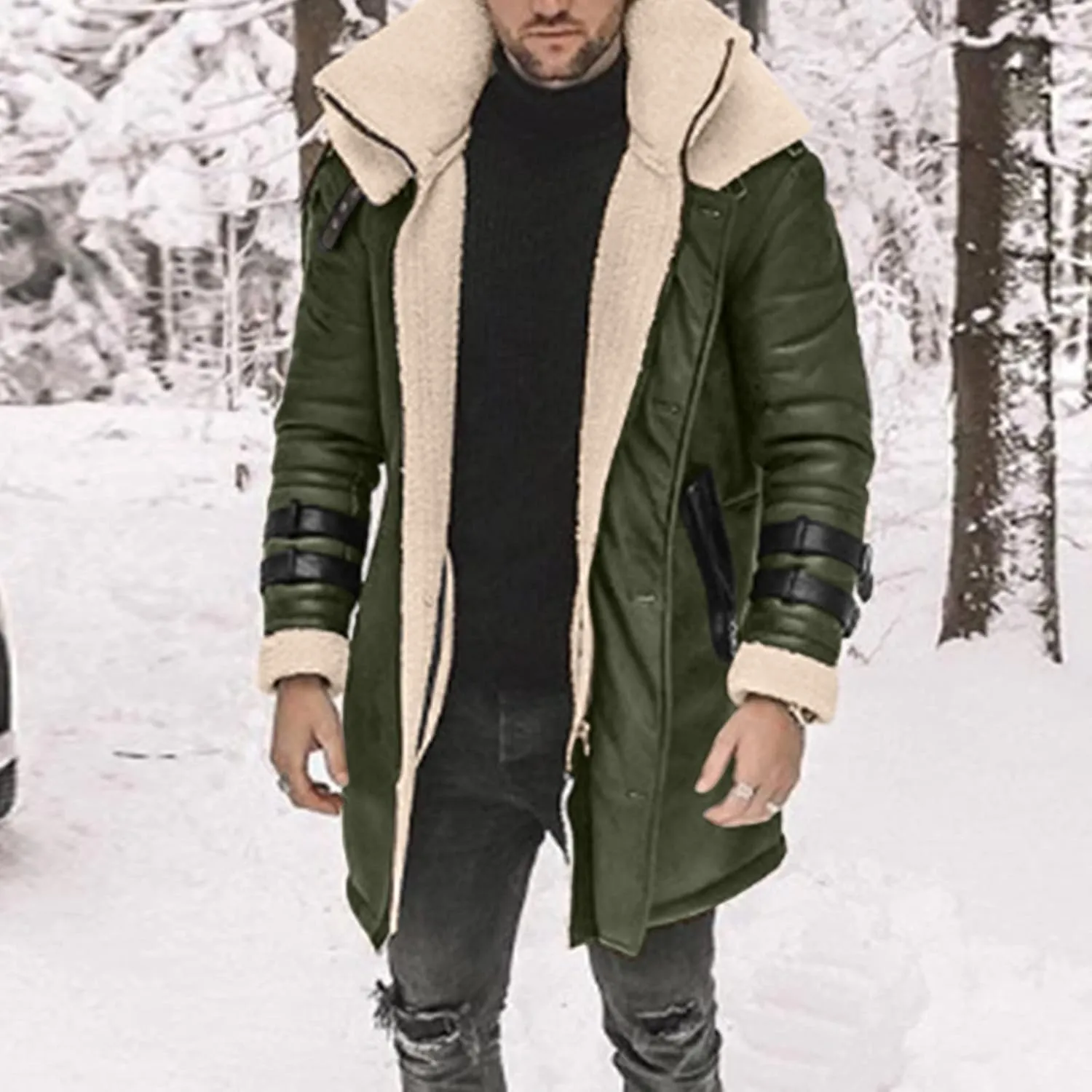 Mens Faux Leather Jacket Cozy Sherpa Fleece Lined Bomber Jackets Winter Coat Heavyweight Suede Fur Trench Coat