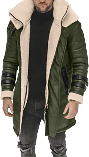 Mens Faux Leather Jacket Cozy Sherpa Fleece Lined Bomber Jackets Winter Coat Heavyweight Suede Fur Trench Coat