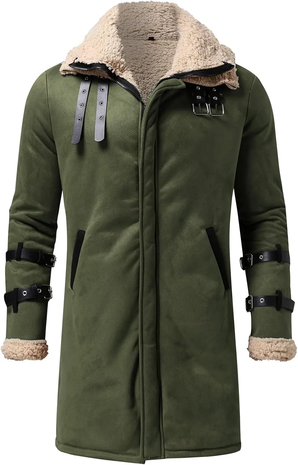 Mens Faux Leather Jacket Cozy Sherpa Fleece Lined Bomber Jackets Winter Coat Heavyweight Suede Fur Trench Coat