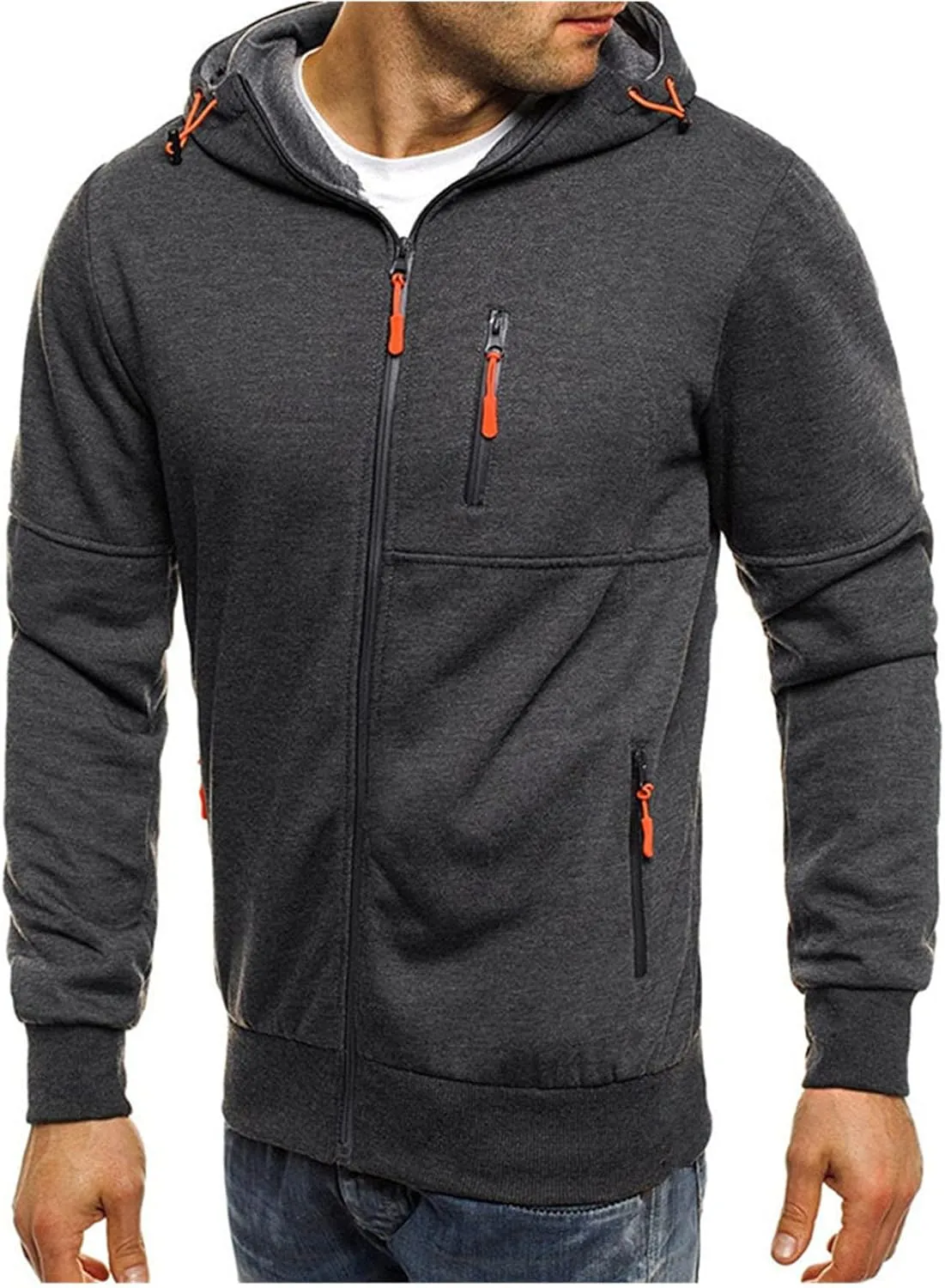 Men's Full Zipper Sports Training Hoodies Casual Long-Sleeved Hooded Sweater with Pockets Jogging Track and Filed Gym