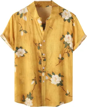 Mens Hawaiian Floral Shirts Cotton Linen Button Down Short Sleeve Shirt Casual Beach T Shirts Summer Vacation Outfits