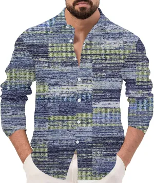 Men's Hawaiian Long Sleeve Shirts Lightweight Casual Patchwork Button Down Shirts Holiday Loose Fit Linen Shirts