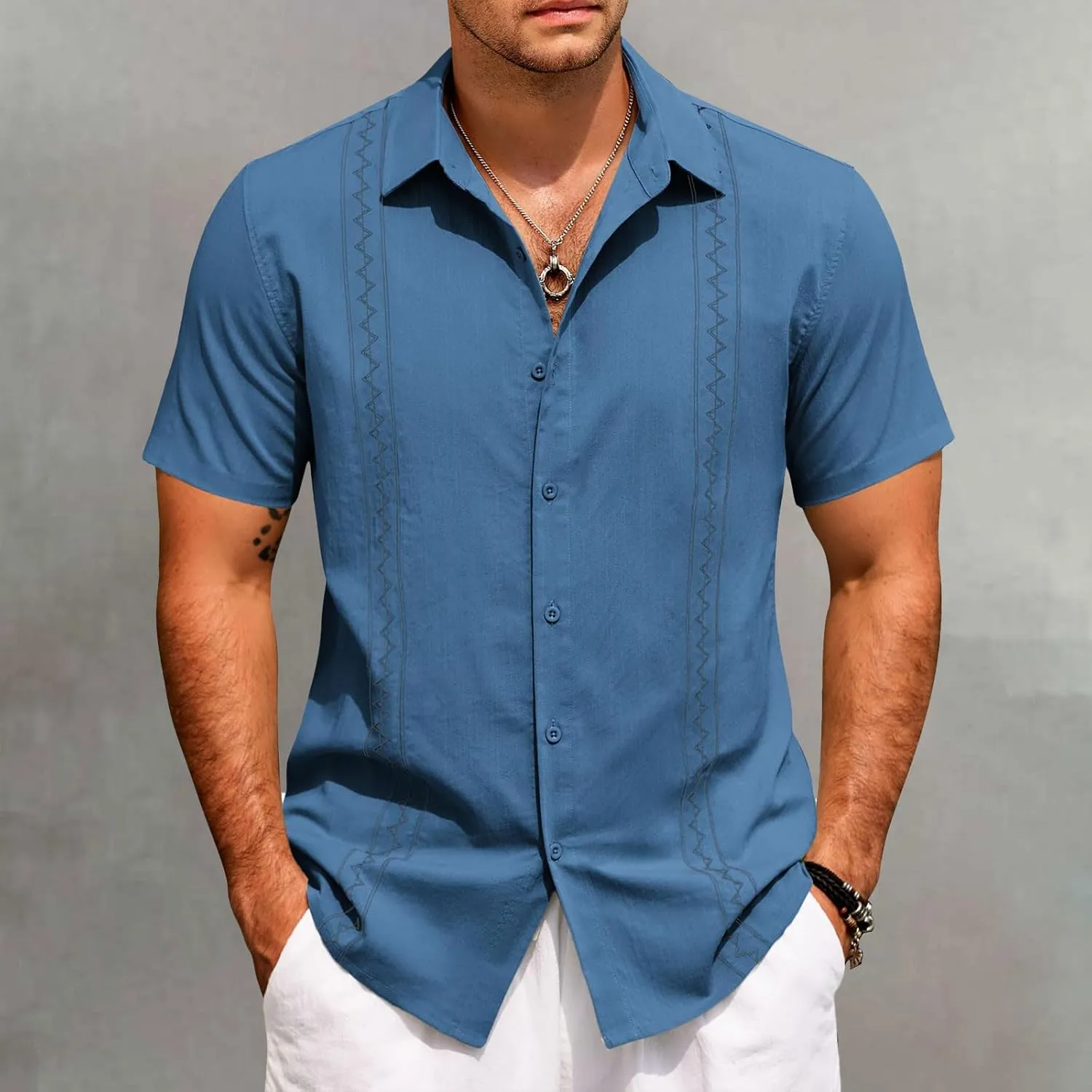 Men's Hawaiian Vacation Shirt Fashion Short Sleeve Button Down T-Shirts Casual Summer Beach Plain Linen Yoga Shirts