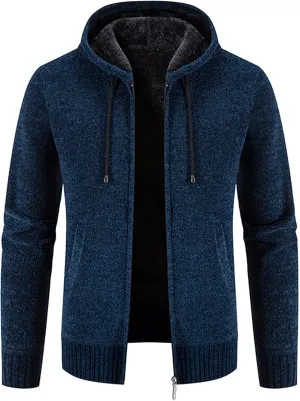 Mens Hoodies Knit Sweater, Full Zip Fleece Lined Cardigan Sweaters Casual Regular Fit Thick Hooded Men Sweater Jacket