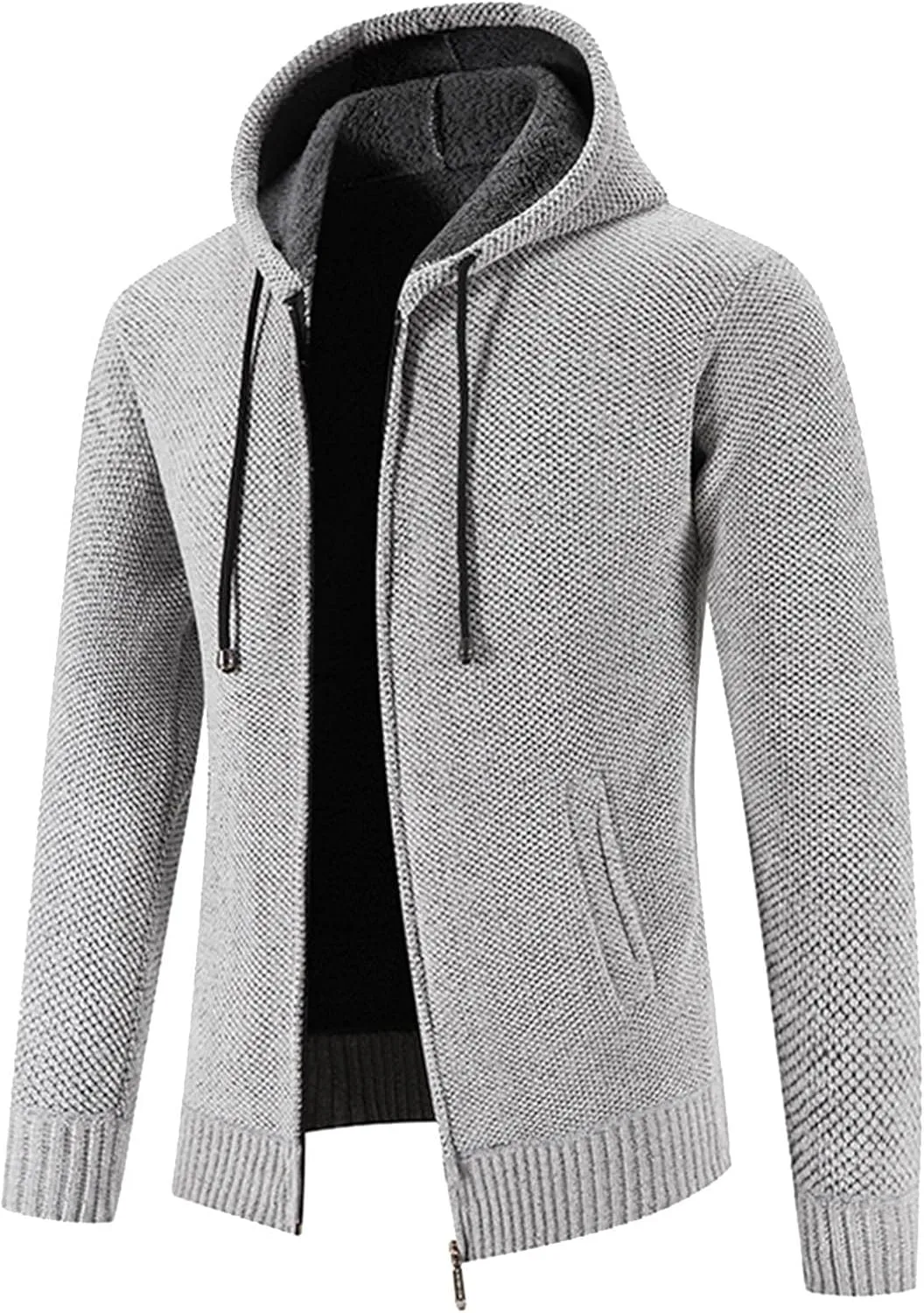 Mens Hoodies Knit Sweater, Full Zip Fleece Lined Cardigan Sweaters Casual Regular Fit Thick Hooded Men Sweater Jacket