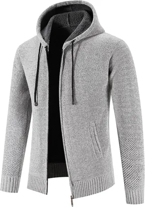 Mens Hoodies Knit Sweater, Full Zip Fleece Lined Cardigan Sweaters Casual Regular Fit Thick Hooded Men Sweater Jacket