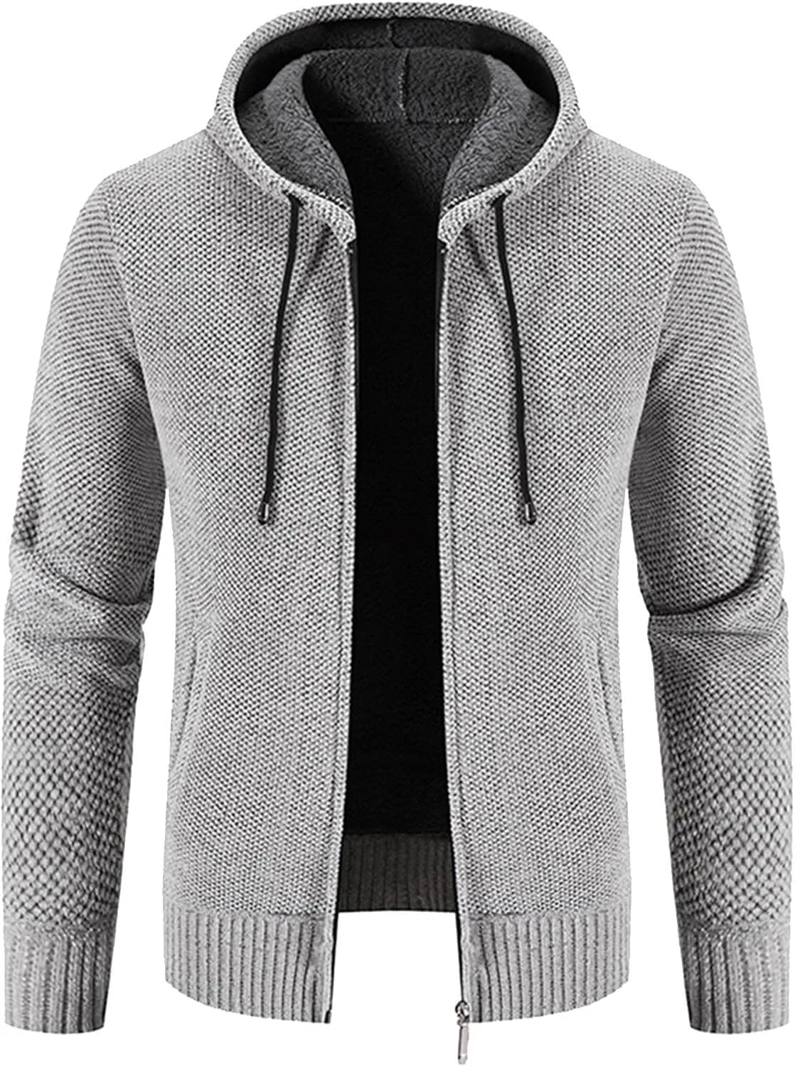 Mens Hoodies Knit Sweater, Full Zip Fleece Lined Cardigan Sweaters Casual Regular Fit Thick Hooded Men Sweater Jacket