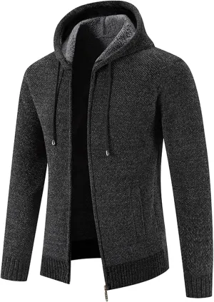 Mens Hoodies Knit Sweater, Full Zip Fleece Lined Cardigan Sweaters Casual Regular Fit Thick Hooded Men Sweater Jacket