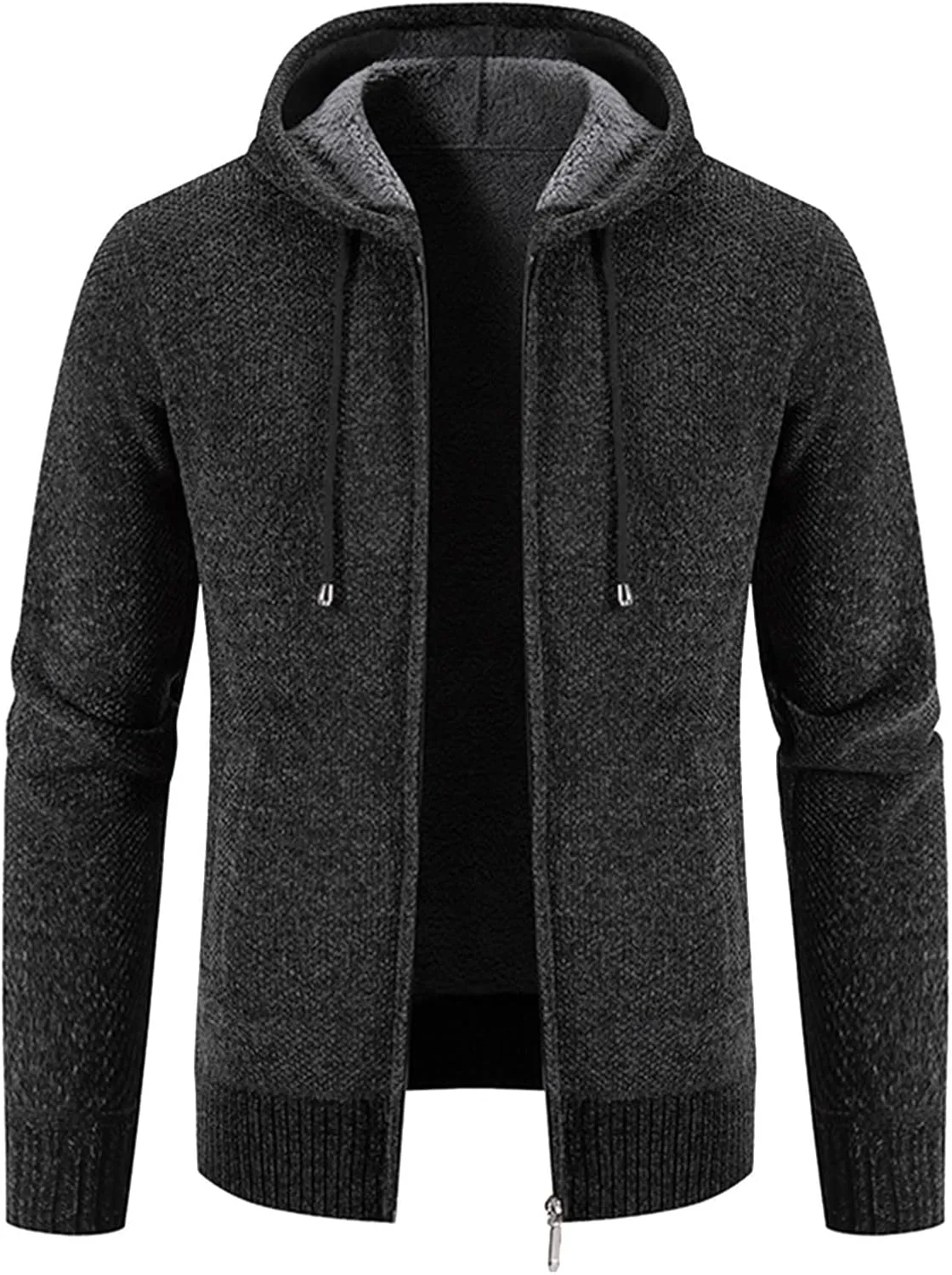 Mens Hoodies Knit Sweater, Full Zip Fleece Lined Cardigan Sweaters Casual Regular Fit Thick Hooded Men Sweater Jacket