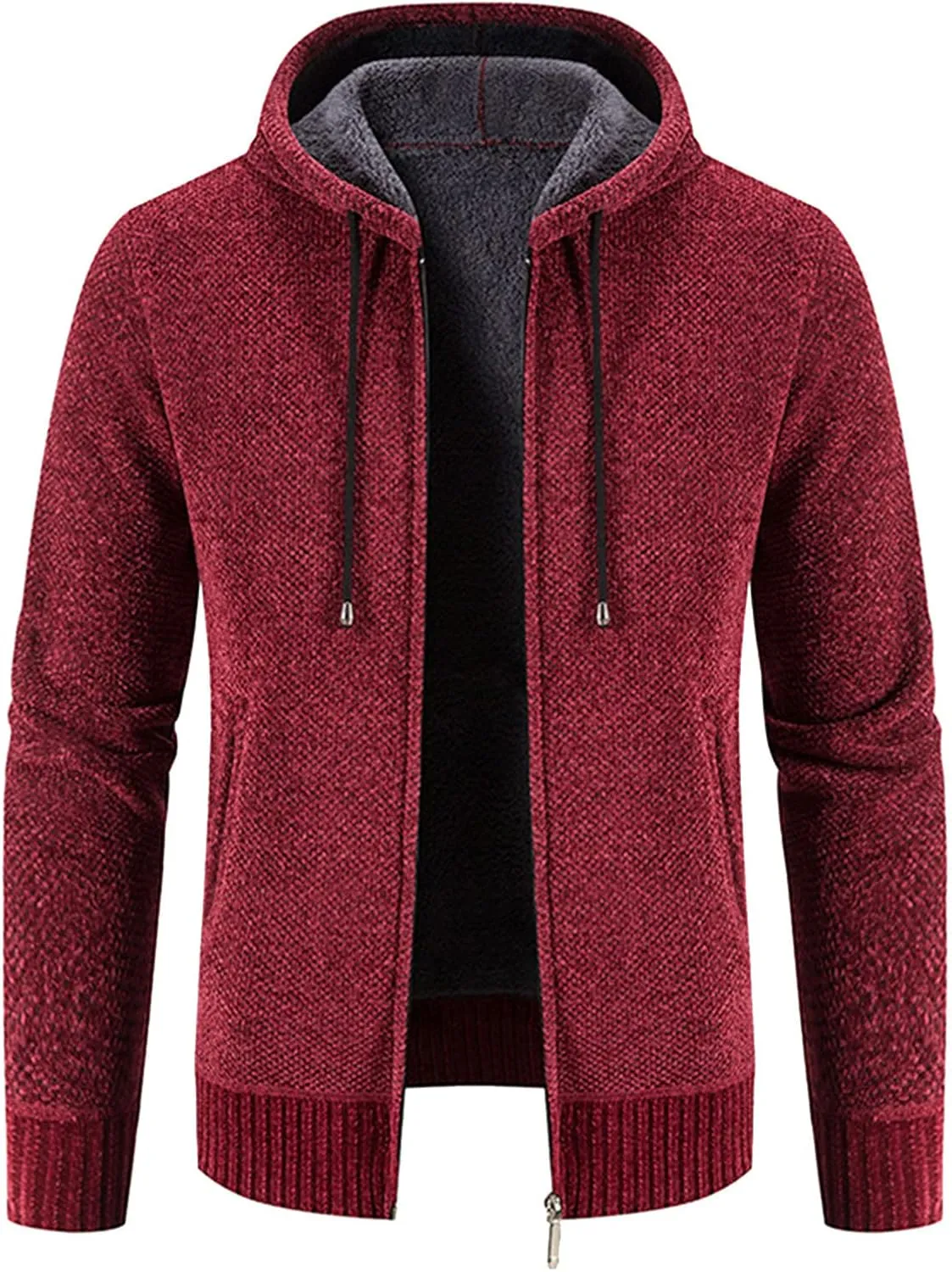 Mens Hoodies Knit Sweater, Full Zip Fleece Lined Cardigan Sweaters Casual Regular Fit Thick Hooded Men Sweater Jacket
