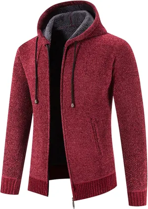 Mens Hoodies Knit Sweater, Full Zip Fleece Lined Cardigan Sweaters Casual Regular Fit Thick Hooded Men Sweater Jacket