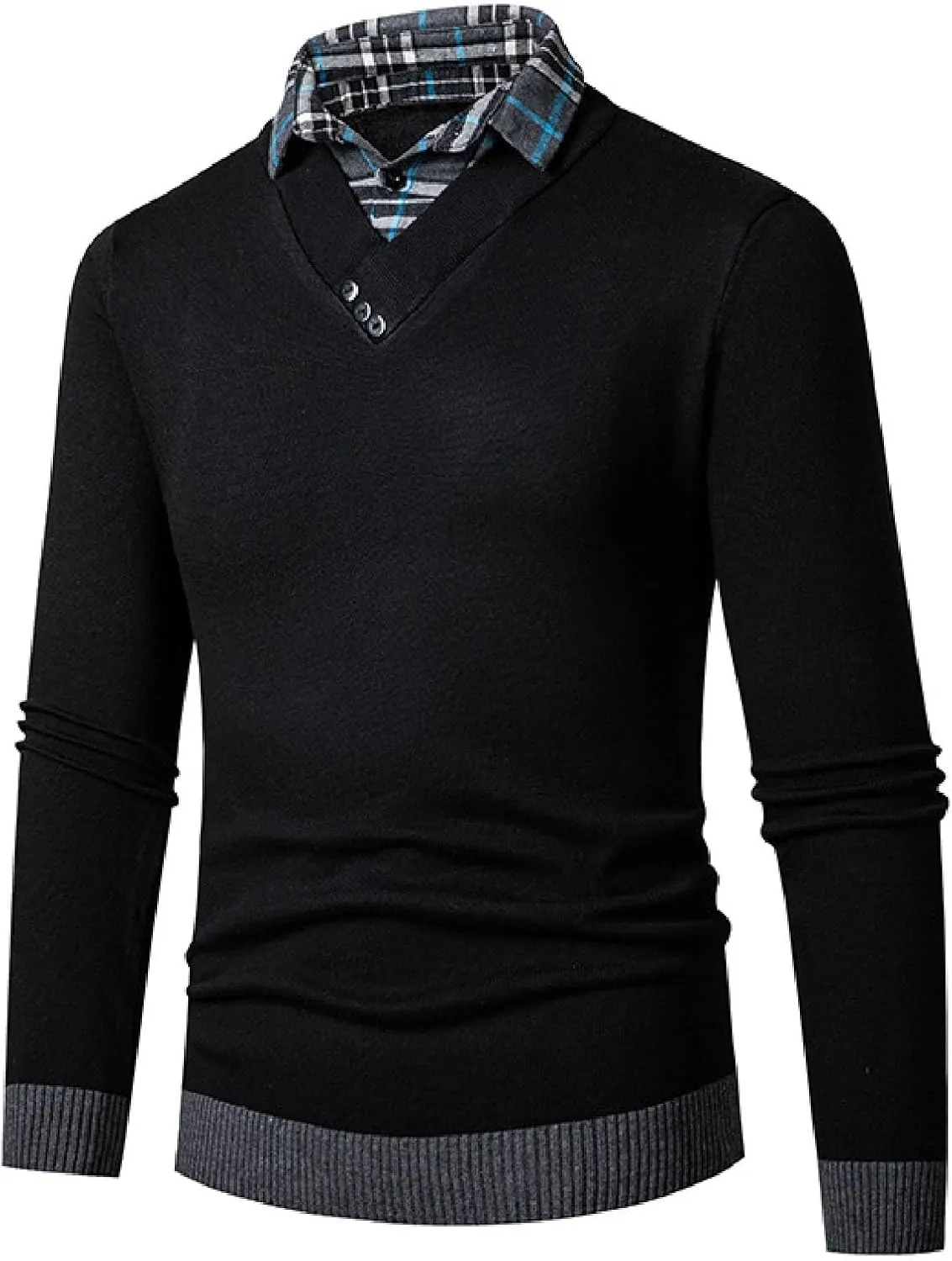 Men's Knit Sweater Fashion Pullover Soft Touch V-Neck Sweatshirt Tops with Plaid Mock Shirt Collar Casual Shirts