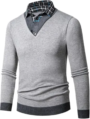 Men's Knit Sweater Fashion Pullover Soft Touch V-Neck Sweatshirt Tops with Plaid Mock Shirt Collar Casual Shirts