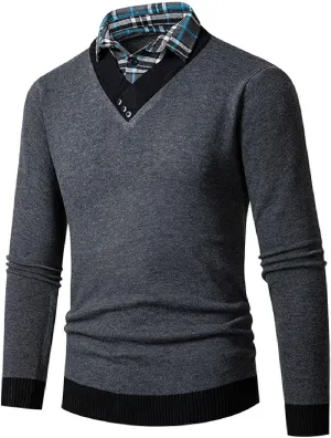Men's Knit Sweater Fashion Pullover Soft Touch V-Neck Sweatshirt Tops with Plaid Mock Shirt Collar Casual Shirts