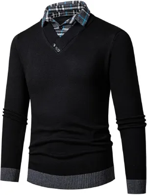 Men's Knit Sweater Fashion Pullover Soft Touch V-Neck Sweatshirt Tops with Plaid Mock Shirt Collar Casual Shirts