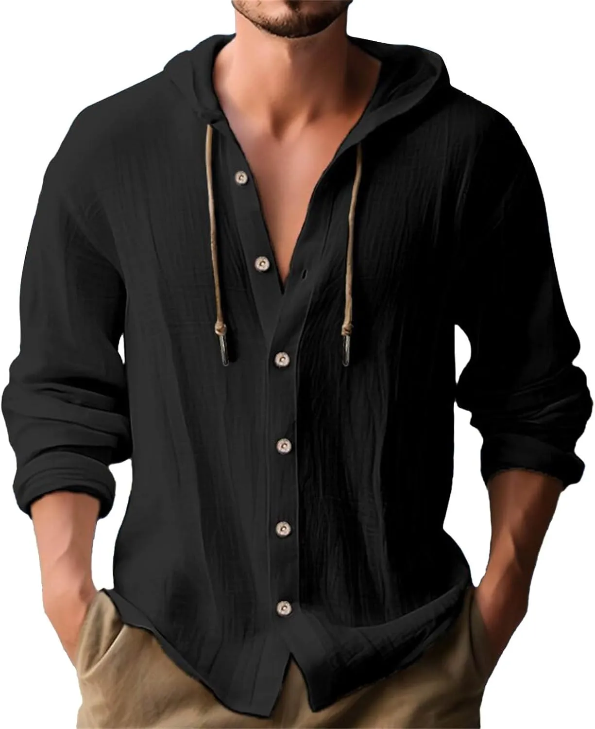 Men's Linen Casual Guayabera Shirts with Hood Lightweight Button V Neck Long Sleeve Hooded Sweatshirts Hawaiian Shirt