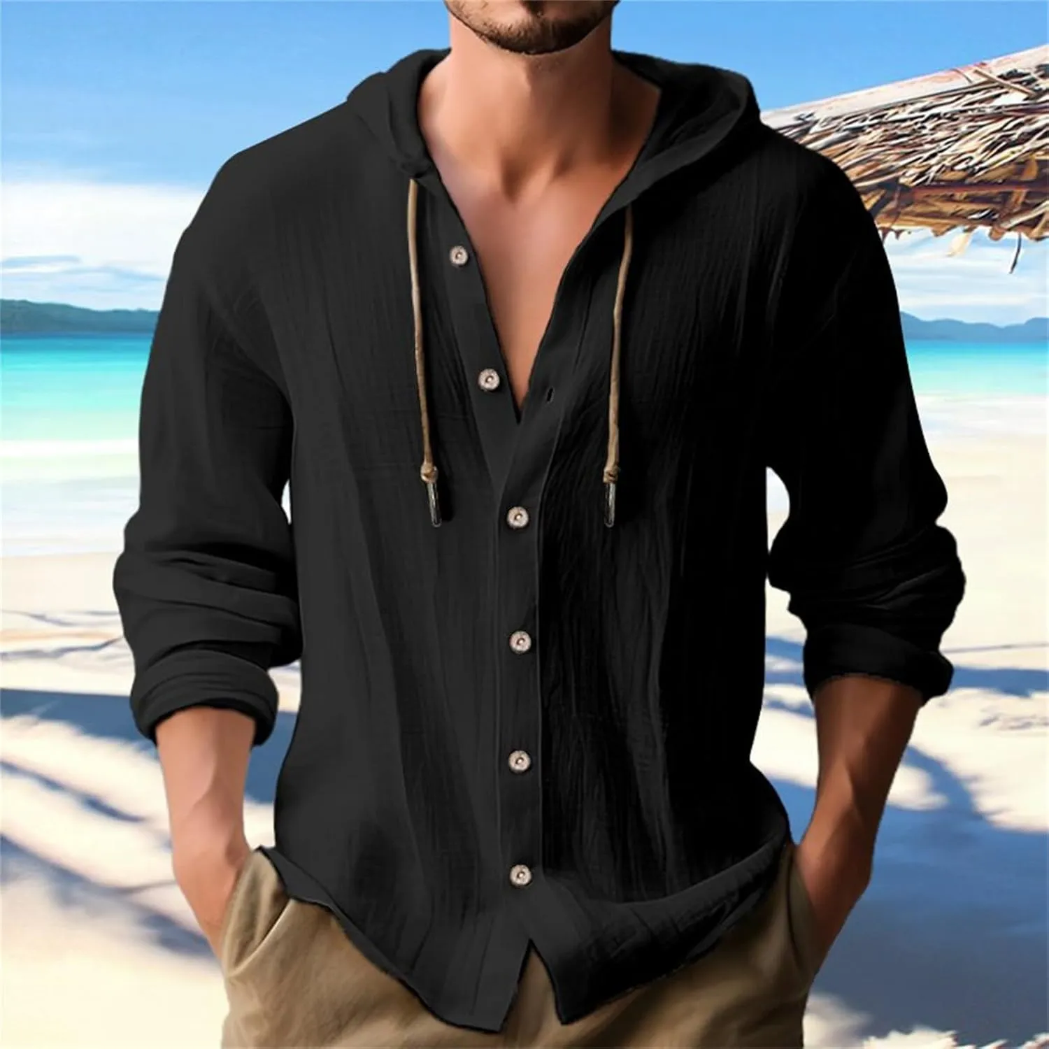 Men's Linen Casual Guayabera Shirts with Hood Lightweight Button V Neck Long Sleeve Hooded Sweatshirts Hawaiian Shirt