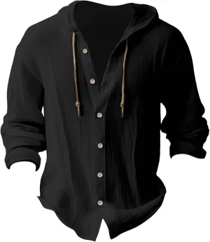 Men's Linen Casual Guayabera Shirts with Hood Lightweight Button V Neck Long Sleeve Hooded Sweatshirts Hawaiian Shirt