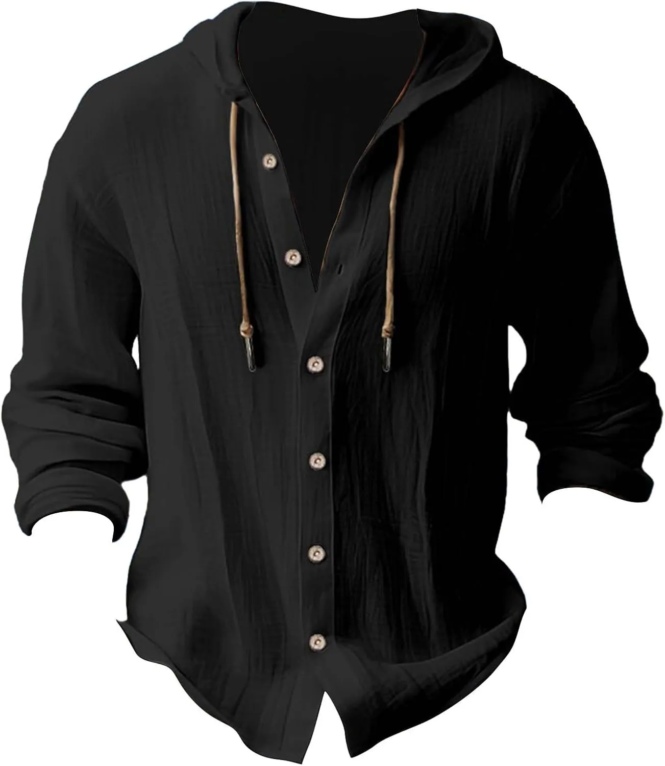 Men's Linen Casual Guayabera Shirts with Hood Lightweight Button V Neck Long Sleeve Hooded Sweatshirts Hawaiian Shirt