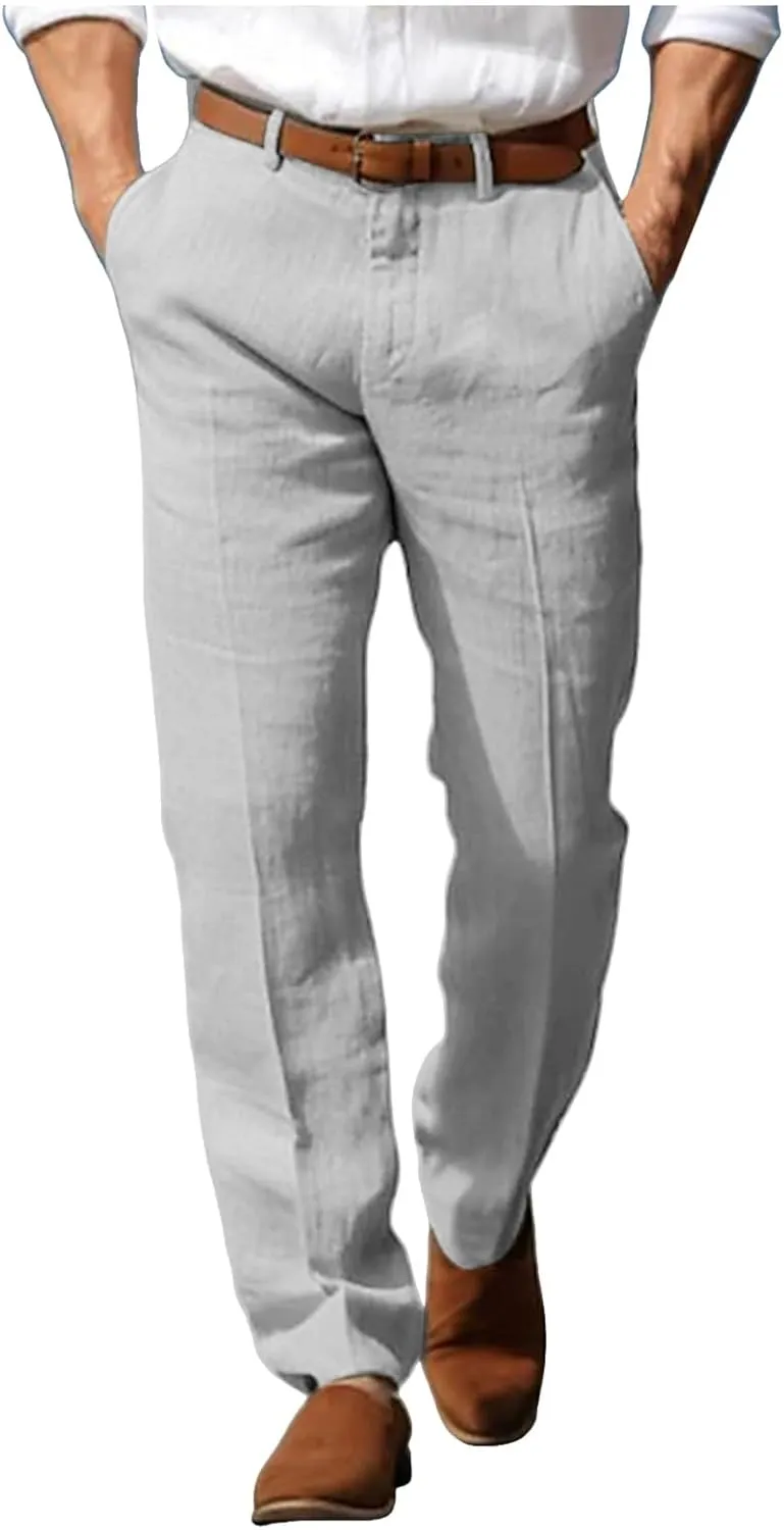 Mens Linen Dress Pants Casual Straight Leg Lounge Formal Business Trousers Baggy for Men Hemp Clothing