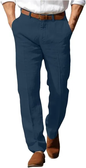 Mens Linen Dress Pants Casual Straight Leg Lounge Formal Business Trousers Baggy for Men Hemp Clothing