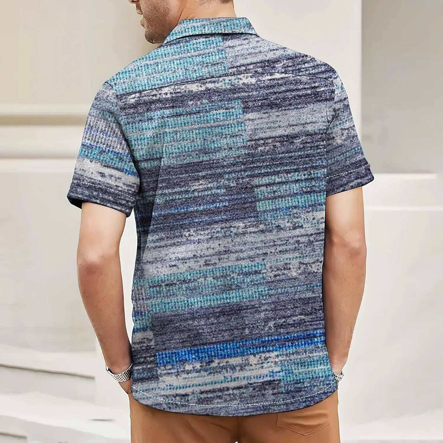 Mens Linen Shirt Hawaiian Short Sleeve Casual Cotton Button Down Shirts Color Block Hippie Lapel Collared Summer Beach Shirts