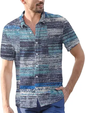 Mens Linen Shirt Hawaiian Short Sleeve Casual Cotton Button Down Shirts Color Block Hippie Lapel Collared Summer Beach Shirts