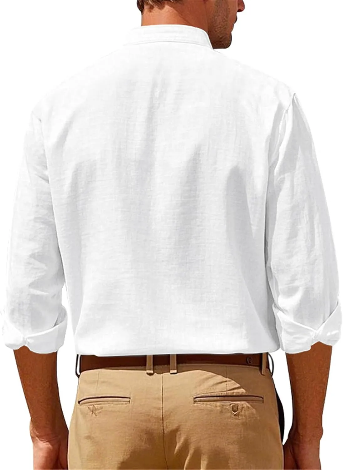 Mens Linen Shirts Breathable Beach Shirt Long Sleeve Button Up Casual Summer Tops Banded Collar Vacation Trendy Tees