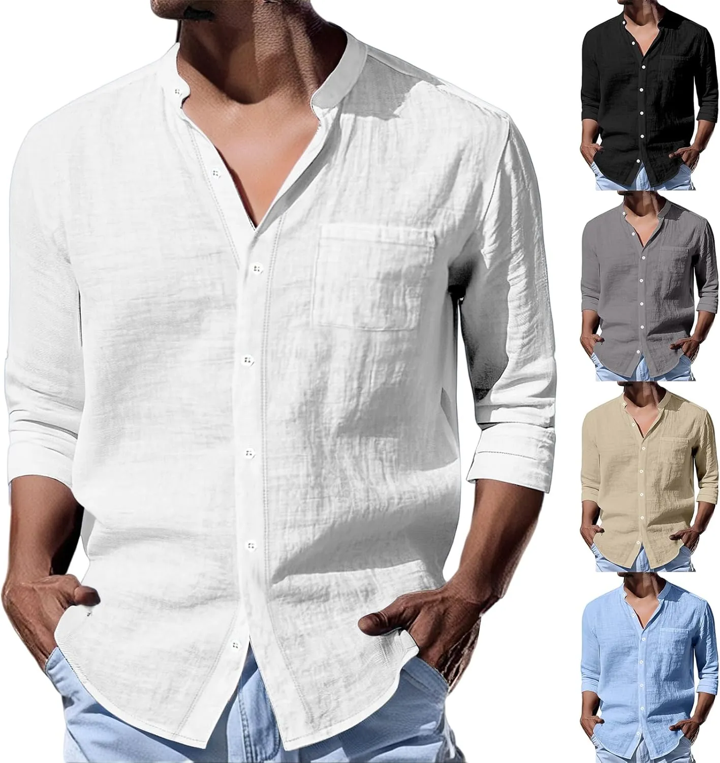 Mens Linen Shirts Breathable Beach Shirt Long Sleeve Button Up Casual Summer Tops Banded Collar Vacation Trendy Tees