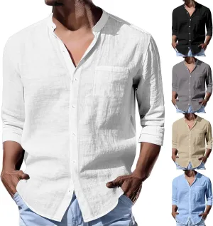 Mens Linen Shirts Breathable Beach Shirt Long Sleeve Button Up Casual Summer Tops Banded Collar Vacation Trendy Tees
