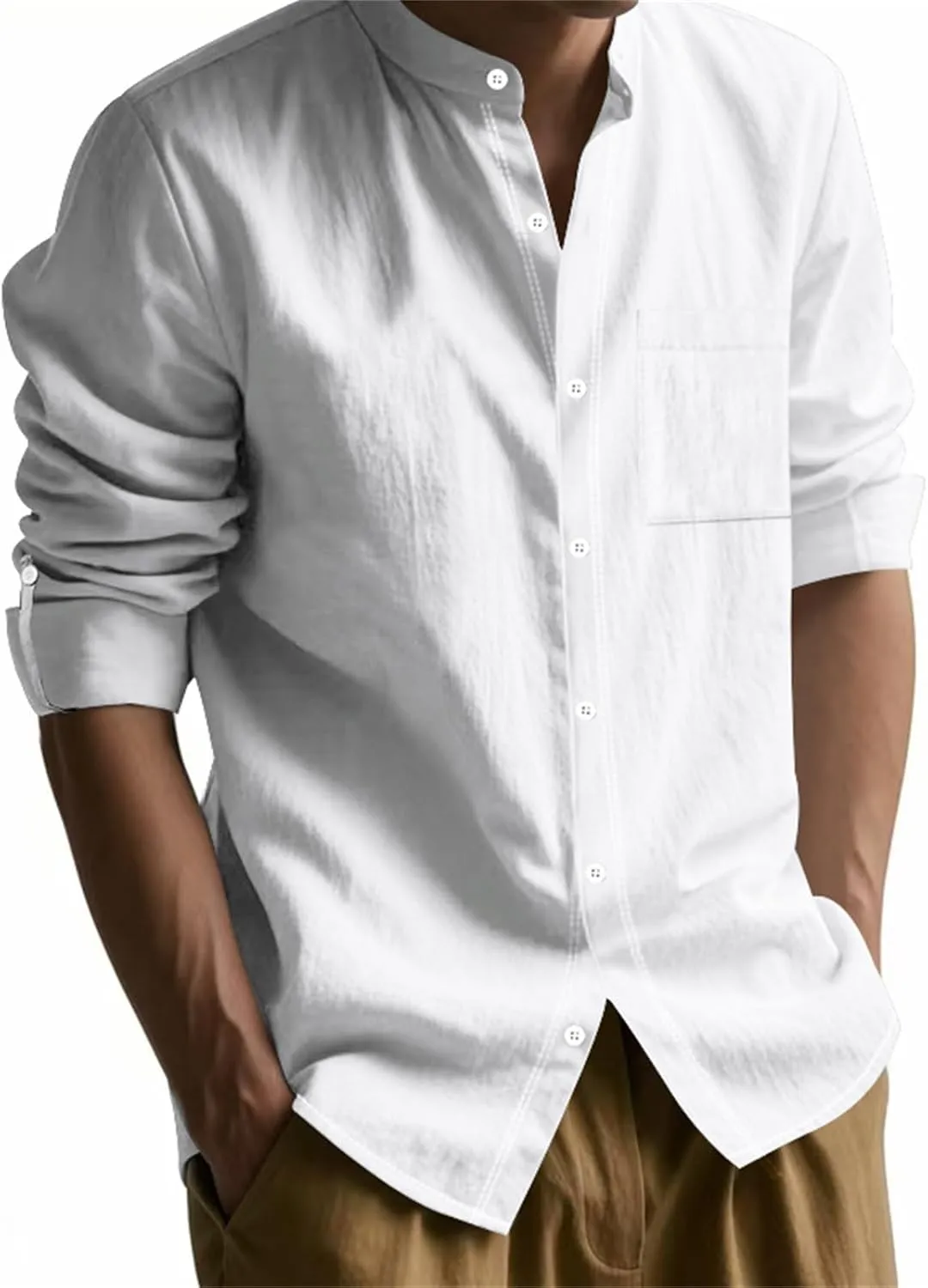 Mens Linen Shirts Breathable Beach Shirt Long Sleeve Button Up Casual Summer Tops Banded Collar Vacation Trendy Tees