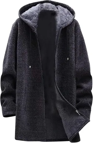 Mens Long Open Front Hooded Cardigan Sweater Fall Winter Sweater Jackets Casual Knitted Cardigan Fleece Lined Full Zip Coats
