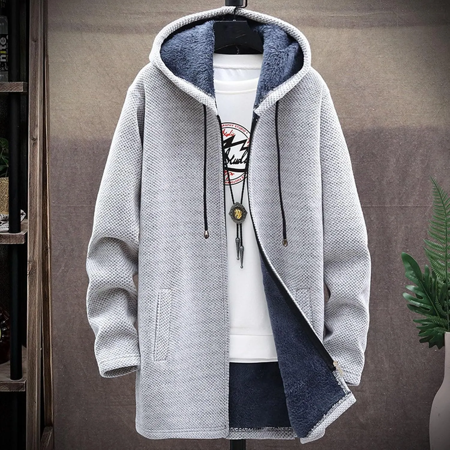 Mens Long Open Front Hooded Cardigan Sweater Fall Winter Sweater Jackets Casual Knitted Cardigan Fleece Lined Full Zip Coats