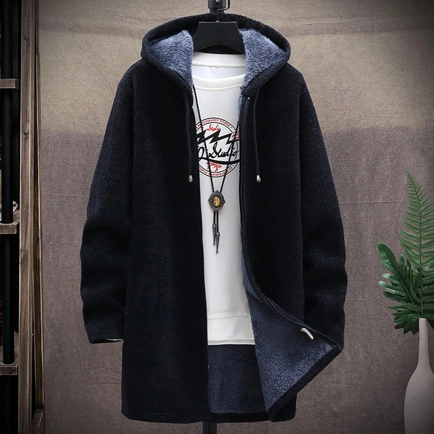 Mens Long Open Front Hooded Cardigan Sweater Fall Winter Sweater Jackets Casual Knitted Cardigan Fleece Lined Full Zip Coats