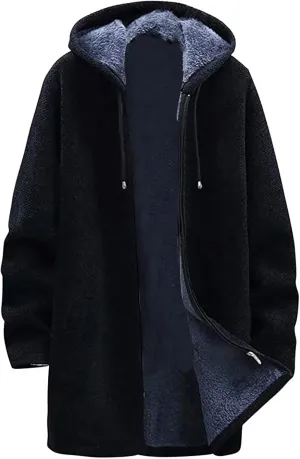 Mens Long Open Front Hooded Cardigan Sweater Fall Winter Sweater Jackets Casual Knitted Cardigan Fleece Lined Full Zip Coats