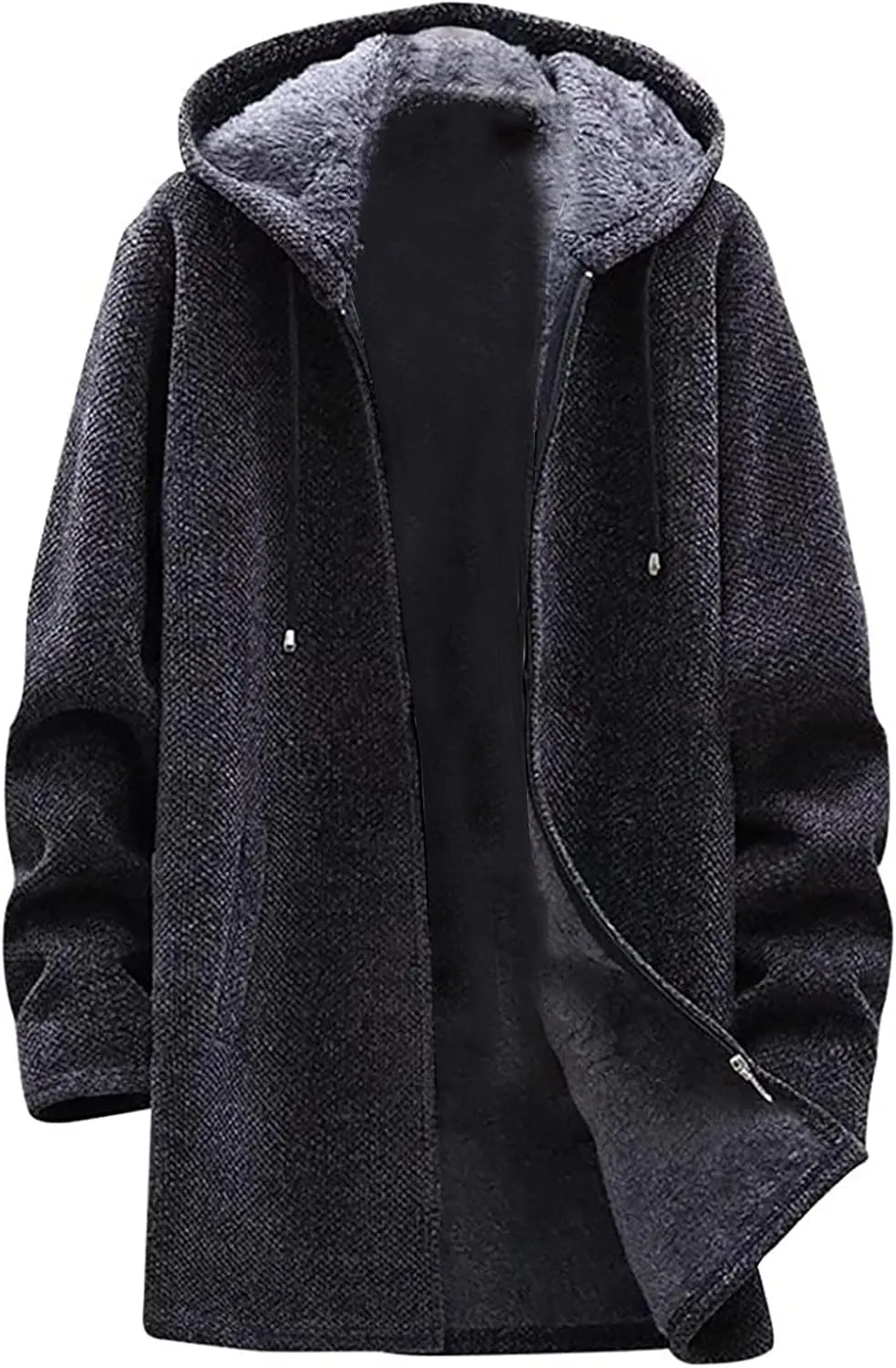 Mens Long Open Front Hooded Cardigan Sweater Fall Winter Sweater Jackets Casual Knitted Cardigan Fleece Lined Full Zip Coats