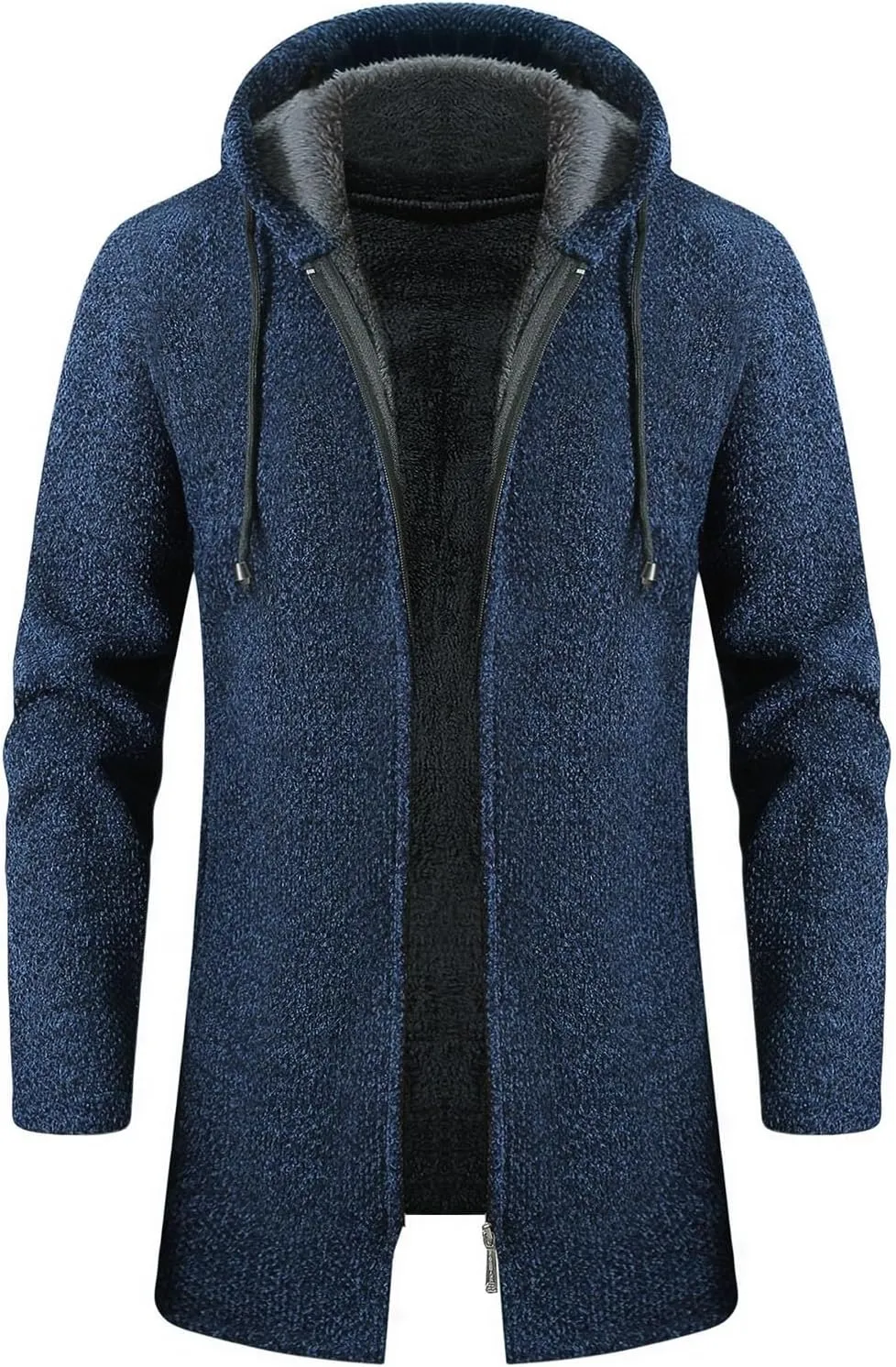 Mens Long Open Front Hooded Cardigan Sweater Fall Winter Sweater Jackets Casual Knitted Cardigan Fleece Lined Full Zip Coats