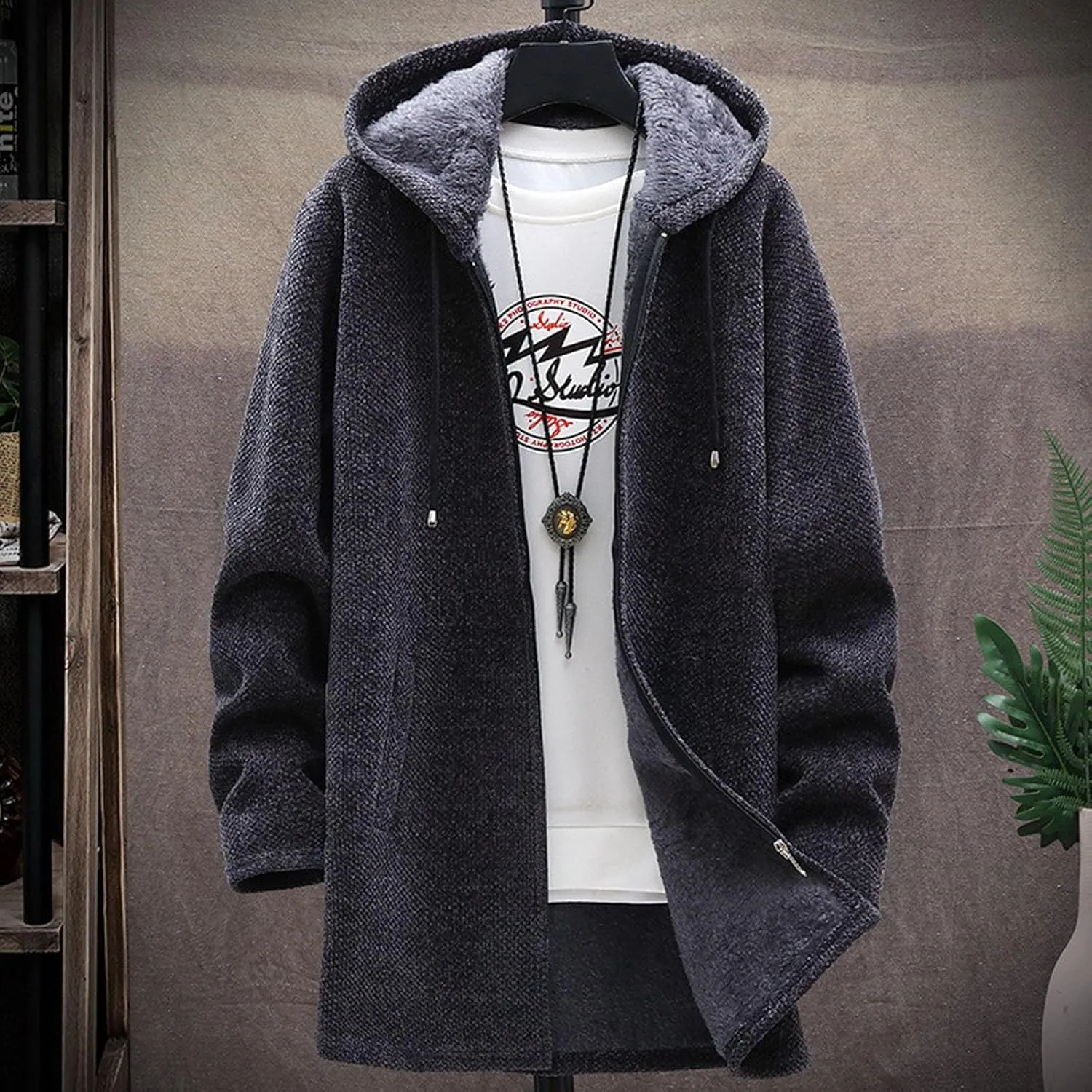 Mens Long Open Front Hooded Cardigan Sweater Fall Winter Sweater Jackets Casual Knitted Cardigan Fleece Lined Full Zip Coats