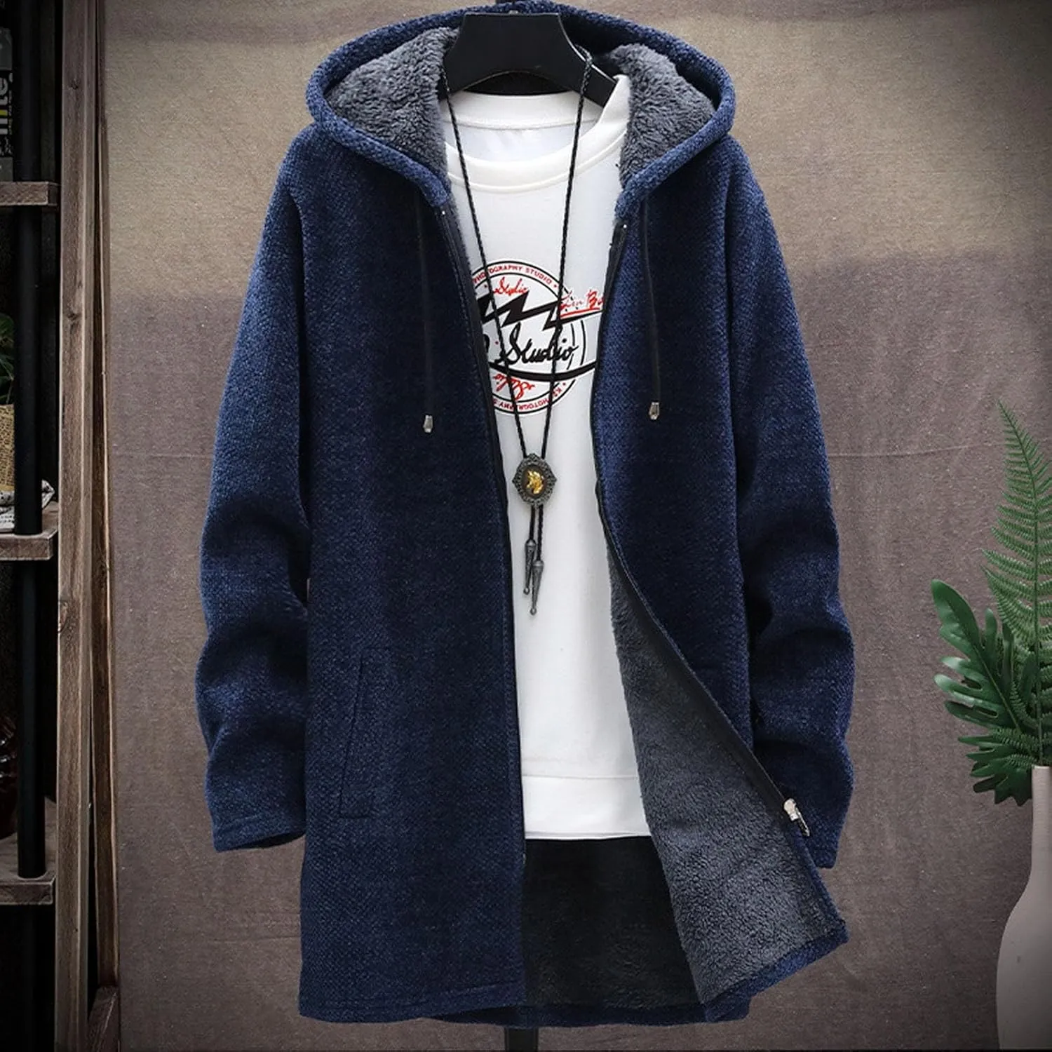 Mens Long Open Front Hooded Cardigan Sweater Fall Winter Sweater Jackets Casual Knitted Cardigan Fleece Lined Full Zip Coats