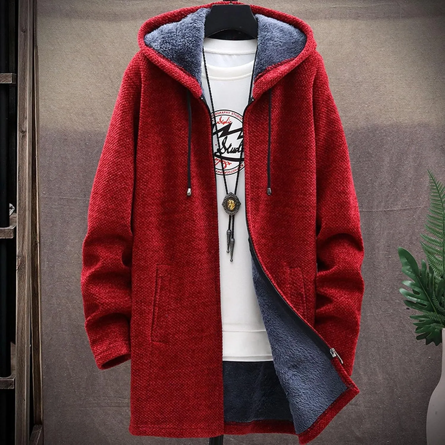 Mens Long Open Front Hooded Cardigan Sweater Fall Winter Sweater Jackets Casual Knitted Cardigan Fleece Lined Full Zip Coats