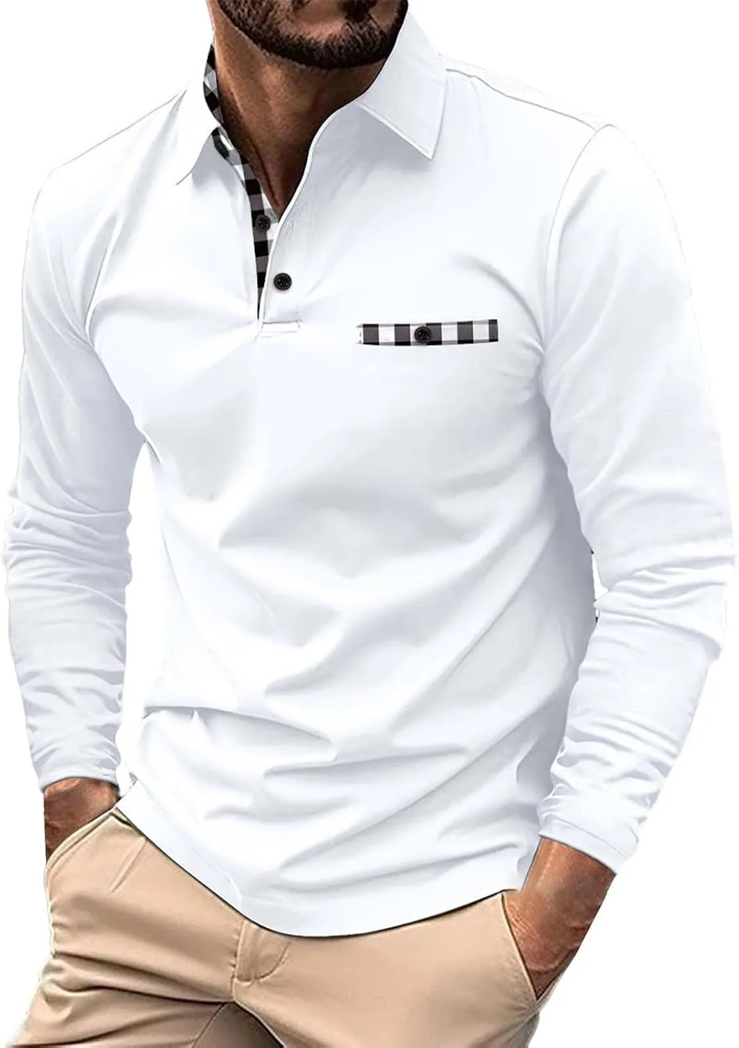 Men's Long Sleeve Polo Shirt Casual Muscle Fit Button Polo T Shirt with Pocket Basic Lightweight Collared Golf Shirt
