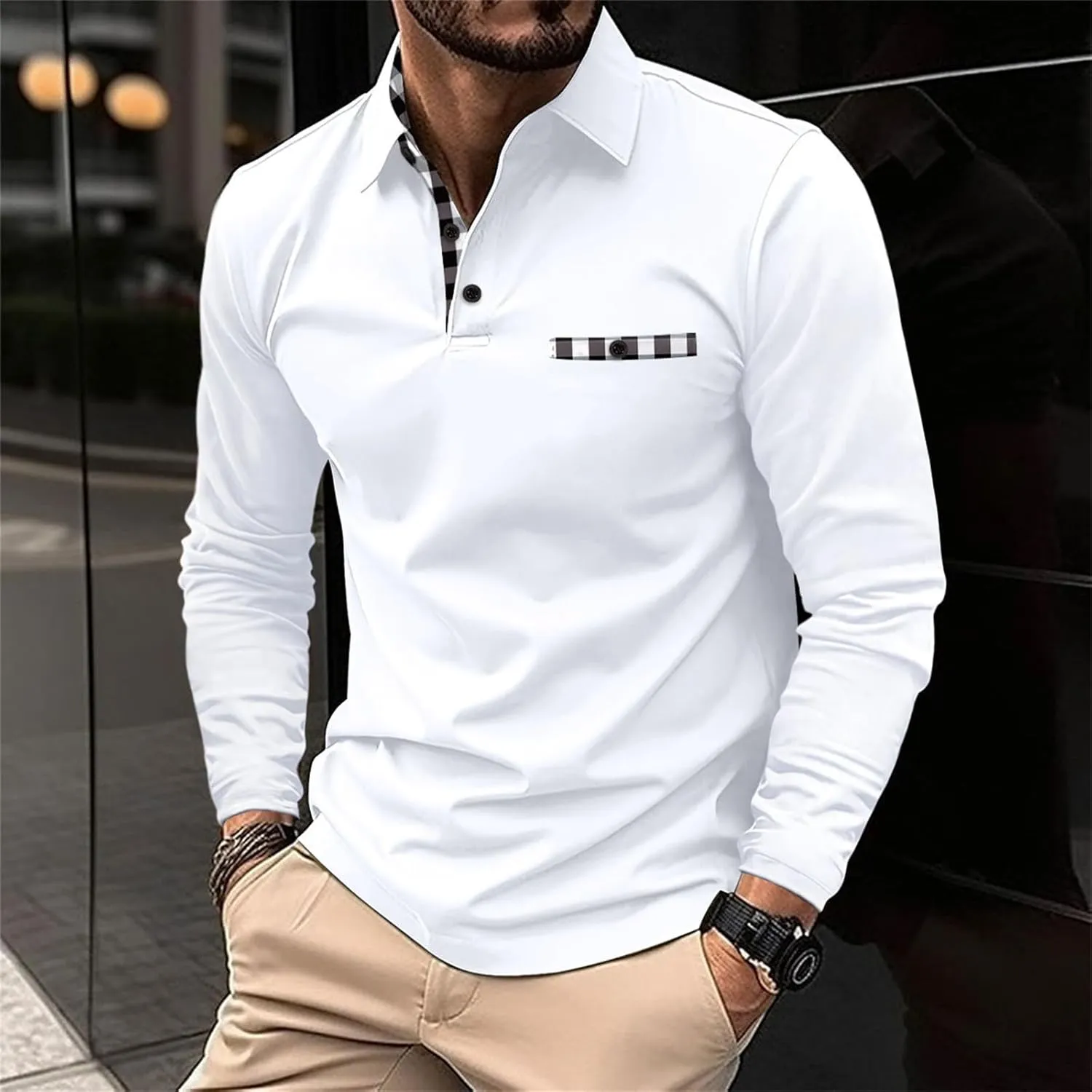 Men's Long Sleeve Polo Shirt Casual Muscle Fit Button Polo T Shirt with Pocket Basic Lightweight Collared Golf Shirt