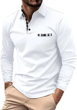 Men's Long Sleeve Polo Shirt Casual Muscle Fit Button Polo T Shirt with Pocket Basic Lightweight Collared Golf Shirt