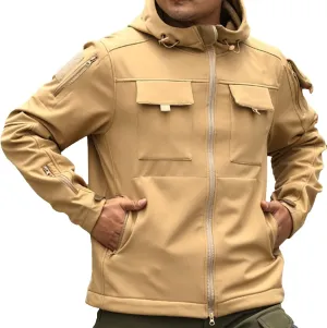 Mens Military Tactical Jackets Waterproof Outdoor Camouflage Hooded Cargo Jacket with Flap Pockets Hiking Raincoats