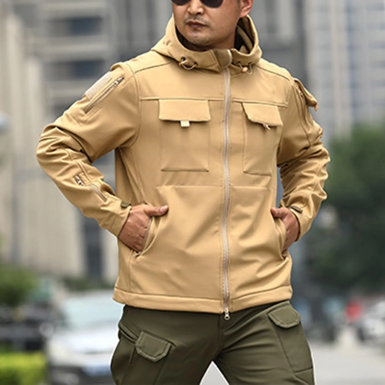 Mens Military Tactical Jackets Waterproof Outdoor Camouflage Hooded Cargo Jacket with Flap Pockets Hiking Raincoats