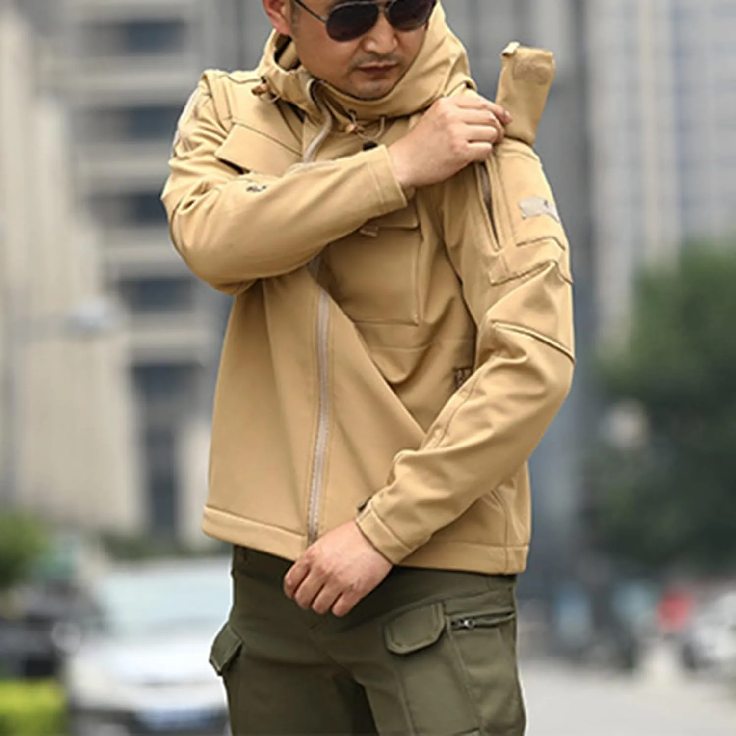 Mens Military Tactical Jackets Waterproof Outdoor Camouflage Hooded Cargo Jacket with Flap Pockets Hiking Raincoats
