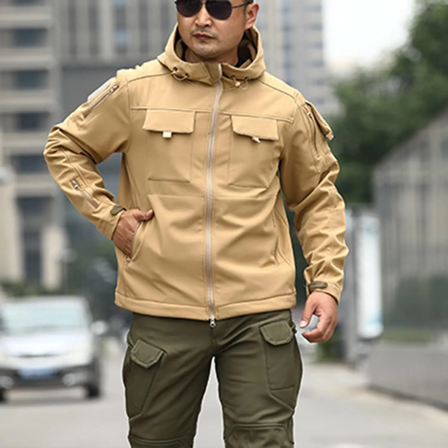 Mens Military Tactical Jackets Waterproof Outdoor Camouflage Hooded Cargo Jacket with Flap Pockets Hiking Raincoats